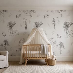 Empapelado infantil Forest Sketch 1 de ALCHEMYST aplicado en un cuarto de bebé