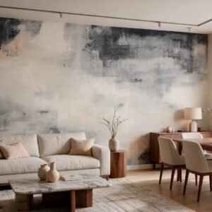Empapelado mural abstracto Fragmentos 34 de ALCHEMYST aplicado en un living comedor