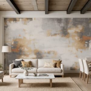 Empapelado mural abstracto Fragmentos 48 de ALCHEMYST aplicado en un living comedor