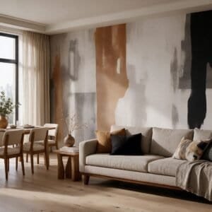 Empapelado mural abstracto Fragmentos 64 de ALCHEMYST aplicado en un living comedor