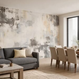Empapelado mural abstracto Fragmentos 72 de ALCHEMYST aplicado en un living comedor