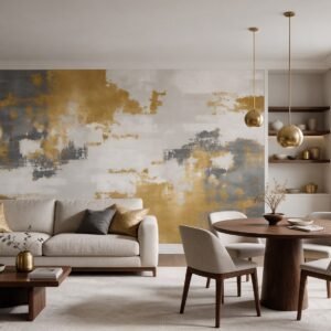 Empapelado mural abstracto Fragmentos 73 de ALCHEMYST aplicado en un living comedor