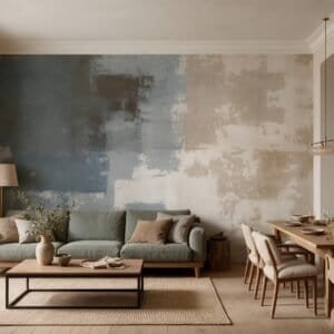 Empapelado mural abstracto Fragmentos 85 de ALCHEMYST aplicado en un living comedor
