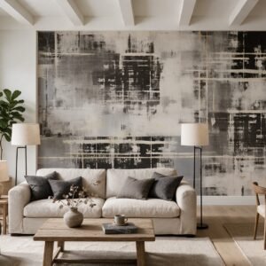 Empapelado mural abstracto Fragmentos 90 de ALCHEMYST aplicado en un living comedor