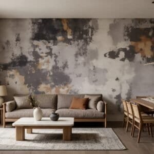 Empapelado mural abstracto Fragmentos 96 de ALCHEMYST aplicado en un living comedor