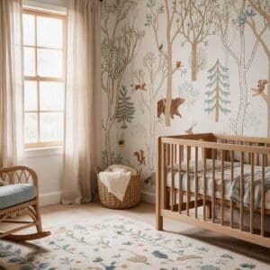Empapelado infantil Frisky Forest Blue de ALCHEMYST aplicado en un cuarto de bebé