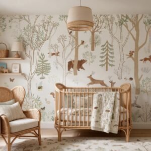 Empapelado infantil Frisky Forest Green de ALCHEMYST aplicado en un cuarto de bebé
