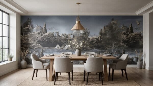 Empapelado mural Hidden River Noir 2 de ALCHEMYST aplicado en un comedor