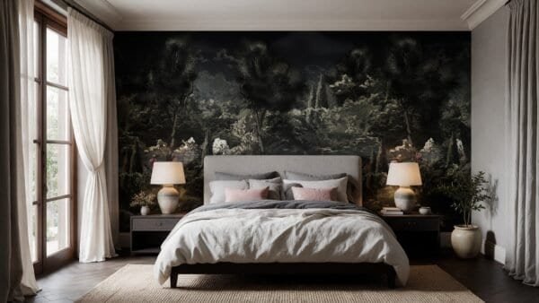 Empapelado mural Hidden River Noir de ALCHEMYST aplicado en un dormitorio