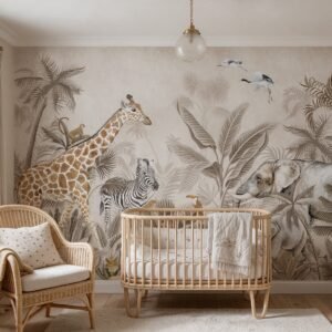 Empapelado infantil Jungla 1 de ALCHEMYST aplicado en un cuarto de bebé