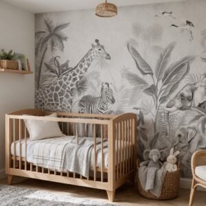 Empapelado infantil Jungla 3 de ALCHEMYST aplicado en un cuarto de bebé