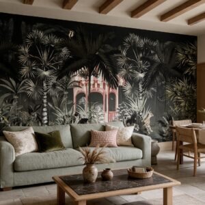 Empapelado mural Jungle Alchemy Noir de ALCHEMYST aplicado en un living comedor