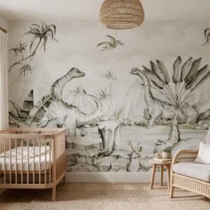 Empapelado infantil Jurassic 1 de ALCHEMYST aplicado en un cuarto de bebé