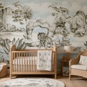 Empapelado infantil Jurassic 2 de ALCHEMYST aplicado en un cuarto de bebé