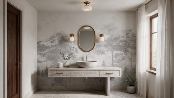 Empapelado mural Lush Reverie 3 de ALCHEMYST aplicado en un toilet