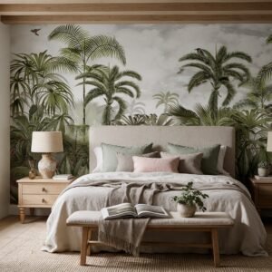 Empapelado mural Miri 2 de ALCHEMYST aplicado en un dormitorio