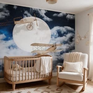 Empapelado infantil Moon Aviator de ALCHEMYST aplicado en un cuarto de bebé