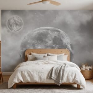 Empapelado infantil Moon Grey de ALCHEMYST aplicado en un cuarto de niños