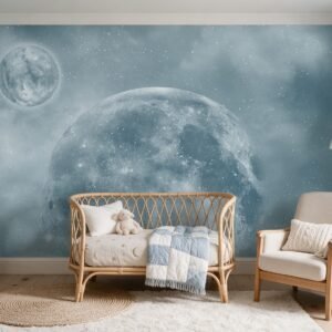 Empapelado infantil Moon K1 de ALCHEMYST aplicado en un cuarto de bebé