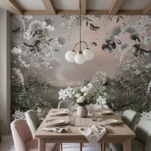 Empapelado mural Morpho Garden 1 de ALCHEMYST aplicado en un comedor