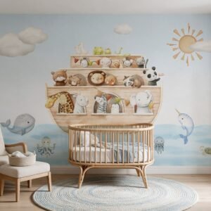 Empapelado infantil Noah's Journey 1 de ALCHEMYST aplicado en un cuarto de bebé