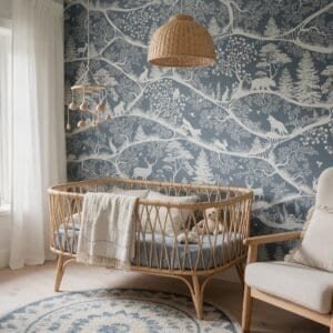 Empapelado infantil Nordic Nature Blue-white de ALCHEMYST aplicado en un cuarto de bebé