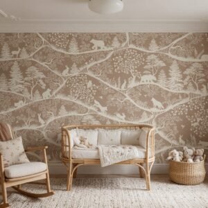 Empapelado infantil Nordic Nature Brown-white de ALCHEMYST aplicado en un cuarto de bebé