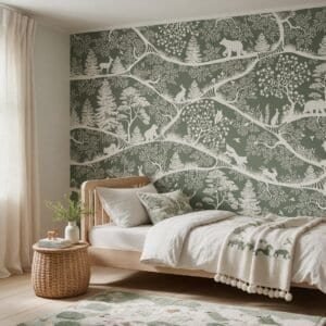 Empapelado infantil Nordic Nature Green-white de ALCHEMYST aplicado en un cuarto de niños