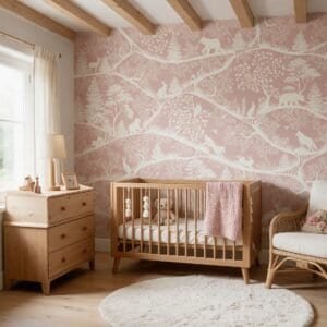 Empapelado infantil Nordic Nature Pink-white de ALCHEMYST aplicado en un cuarto de bebé