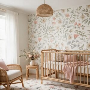 Empapelado infantil Nursery Flower 4 de ALCHEMYST aplicado en un cuarto de bebé