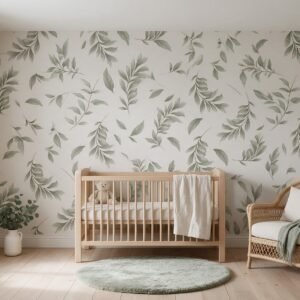 Empapelado infantil Nursery Leaves 1 de ALCHEMYST aplicado en un cuarto de bebé