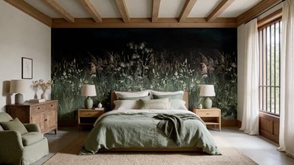 Empapelado mural Pampa Noir de ALCHEMYST aplicado en un dormitorio