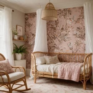 Empapelado infantil Playful Robins Vintage Pink de ALCHEMYST aplicado en un cuarto de bebé