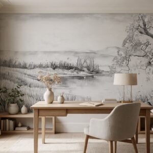 Empapelado mural Pradera 1-gris de ALCHEMYST aplicado en un escritorio