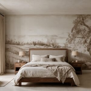 Empapelado mural Pradera 1- Sepia de ALCHEMYST aplicado en un dormitorio