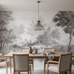 Empapelado mural Pradera 2-gris de ALCHEMYST aplicado en un comedor