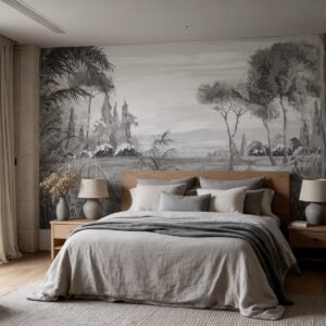 Empapelado mural Pradera 3 -gris de ALCHEMYST aplicado en un dormitorio