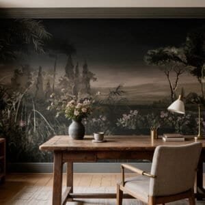 Empapelado mural Pradera Noir de ALCHEMYST aplicado en un escritorio