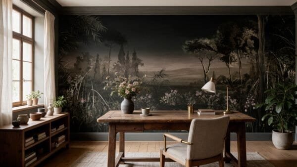 Empapelado mural Pradera Noir de ALCHEMYST aplicado en un escritorio