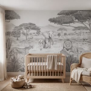Empapelado infantil Savanne Secret 3 de ALCHEMYST aplicado en un cuarto de bebé