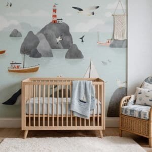 Empapelado mural Seaside Stories de ALCHEMYST aplicado en un cuarto de bebé