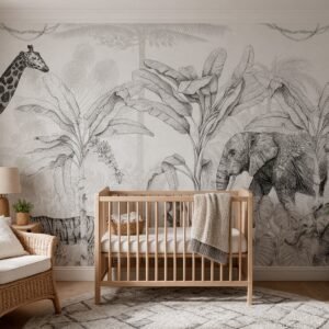 Empapelado infantil Selva Line 1 de ALCHEMYST aplicado en un cuarto de bebé