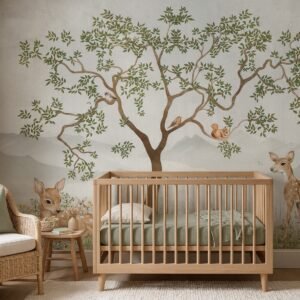 Empapelado infantil Serenity Retreat 01 de ALCHEMYST aplicado en un cuarto de bebé