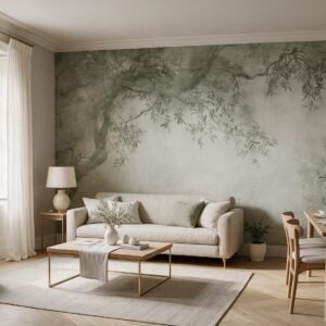 Empapelado mural Shades of Olive 3 de ALCHEMYST aplicado en un living comedor