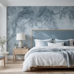 Empapelado mural Shades of Olive 4 de ALCHEMYST aplicado en un dormitorio