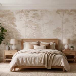 Empapelado mural Shades of Woods 1 de ALCHEMYST en tonos sepia, aplicado en la pared de un dormitorio