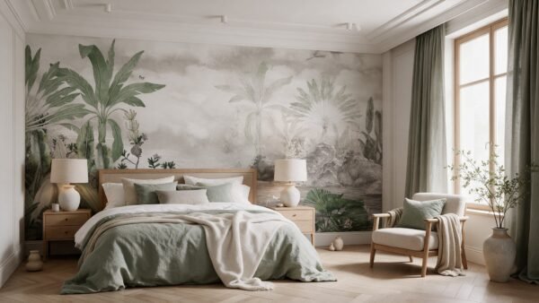 Empapelado mural Sibu 1 de ALCHEMYST aplicado en un dormitorio