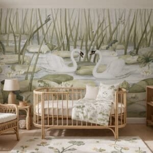 Empapelado infantil Spactacular Swams de ALCHEMYST aplicado en un cuarto de bebé