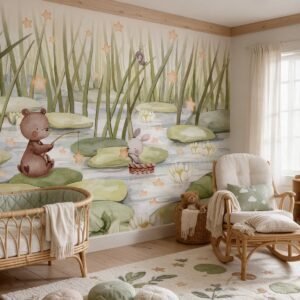 Empapelado infantil Starry Pond de ALCHEMYST aplicado en un cuarto de bebé