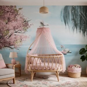 Empapelado infantil Swan-1 de ALCHEMYST aplicado en un cuarto de bebé